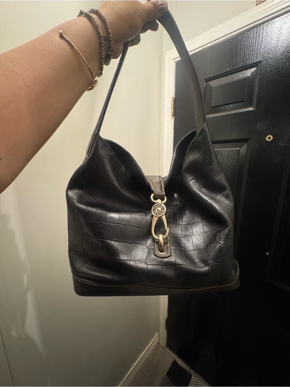 Dooney & Bourke Black Croc-Embossed Leather Shoulder Bag with silver Hardware